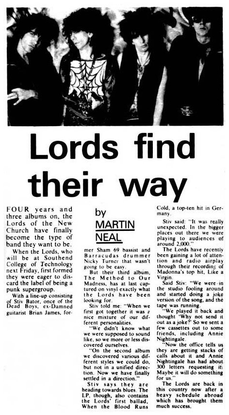The Lords of The New Church - The Evening Echo, Southend-on-Sea, Essex - 15.03.85 - Text by Martin Neal