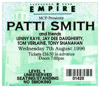 Patti Smith - Live at The Shepherds Bush Empire, London - 07.08.96 - Ticket