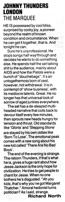 Johnny Thunders - Live at The Marquee NME Gig Review - 1988