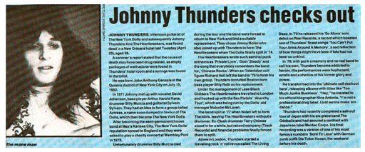 Johnny Thunders - NME Announcement of Johnny's Passing - 04.05.91
