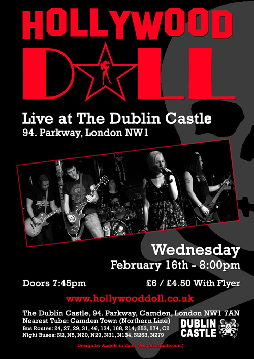 Angels in Exile Graphic Design - Poster - Hollywood Doll - Live at The Dublin Castle, Camden, London - 16.02.11 (Gig was cancelled on the day due to illness)