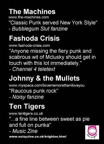 Noisy Night Does Brighton! @ Brighton Fringe Festival - The Machines + Fashoda Crisis + Johnny and The Mullets + Ten Tigers Live at Volks Bar and Club - Wednesday May 7th 2008 - Flyer (Back)