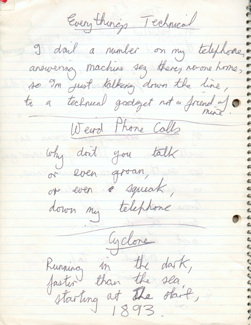 Machines - Everythings Technical, Weird Phone Calls and Cyclone - Hand written Machines lyrical excerpts by Nick Paul, given to Dave Tulloch for a Machines feature in Strange Stories #3 - 1977