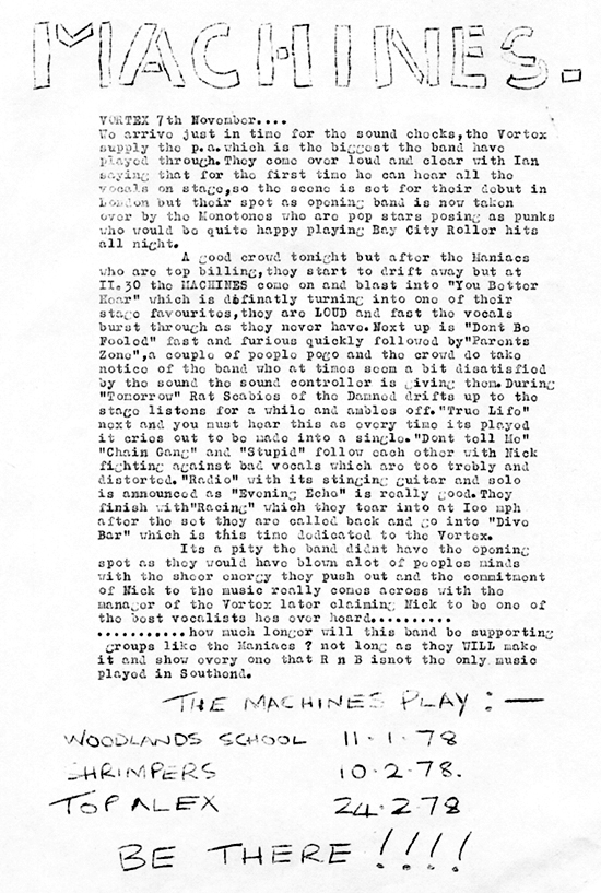 Machines - Live at The Vortex - 07.11.77 - Gig Review from Strange Stories #3 - 1977