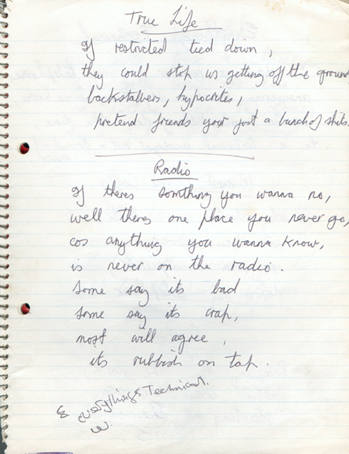 Machines - True Life and Evening Radio - Hand written Machines lyrical excerpts by Nick Paul, given to Dave Tulloch for a Machines feature in Strange Stories #3 - 1977