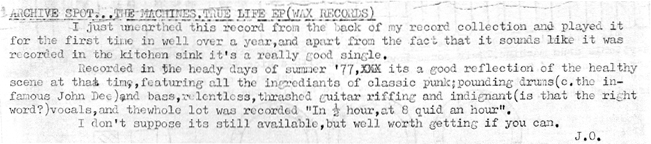True Life EP Review in 'New Crimes' Fanzine - Issue 2, 1980