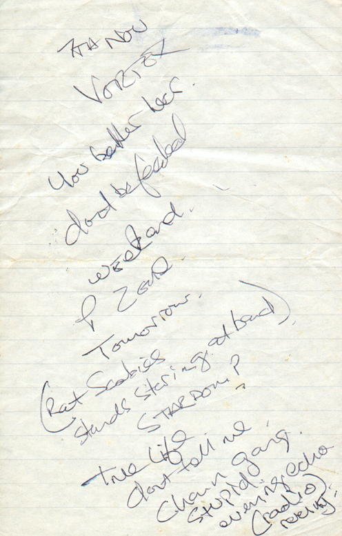 The Machines - Live at The Vortex, London - 07.11.77 - Hand written notes by Dave Tulloch from the gig for Strange Stories Review in Issue #3, 1977