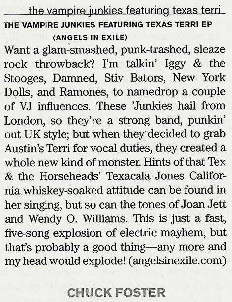 Vampire Junkies Featuring Texas Terri - Visceral Ephemera - The Big Takeover Magazine - # 73, Fall 2013 - The Vampire Junkies Featuring Texas Terri CD Review By Chuck Foster
