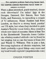 Vampire Junkies Featuring Texas Terri - Visceral Ephemera - The Big Takeover Magazine - # 73, Fall 2013 - The Vampire Junkies Featuring Texas Terri CD Review By Chuck Foster