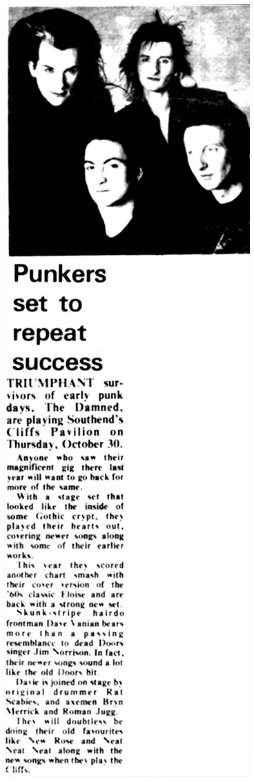 The Damned - Live at The Cliffs Pavilion, Southend-on-Sea - 30.10.86 - Southend Evening Echo - 20.10.86