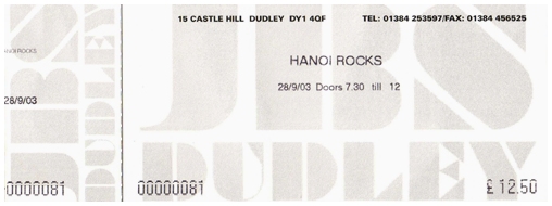 Hanoi Rocks - Live at JB's, Dudley, England - 28.09.03 - Ticket