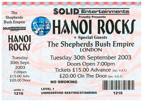 Hanoi Rocks - Live at The Shepherds Bush Empire, London, England - 30.09.03 - Ticket