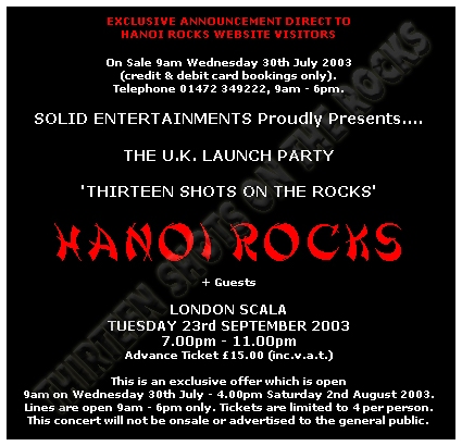 Hanoi Rocks - Live at The Scala, London, England - 23.09.03 - Advert