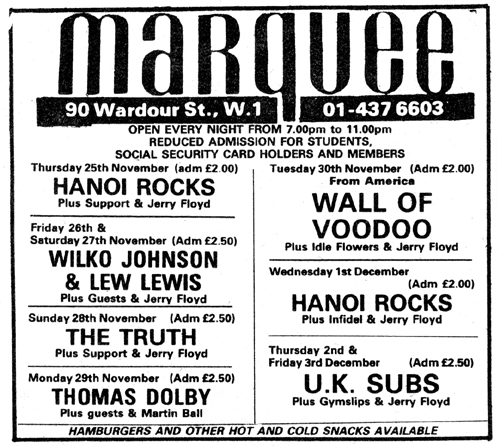 Hanoi Rocks - Live at The Marquee, London, England - 25.11.82 & 01.12.82 - Advert
