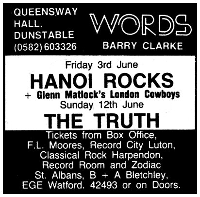 Hanoi Rocks - Live at Queensway Hall, Dunstable - 03.06.83 - Advert
