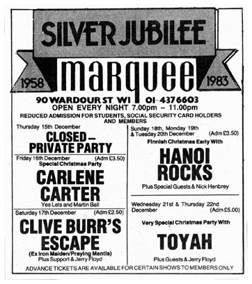 Hanoi Rocks - Live at The Marquee, London, England - 18.12.83, 19.12.83 & 20.12.83 - Advert