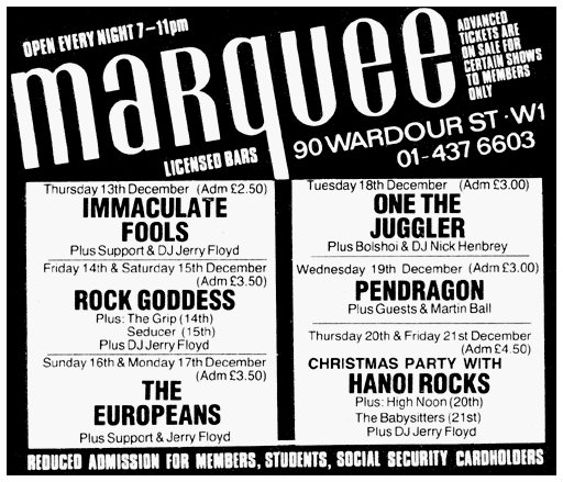 Hanoi Rocks - Live at The Marquee, London, England - 20.12.84 & 21.12.84 - Advert (Cancelled)