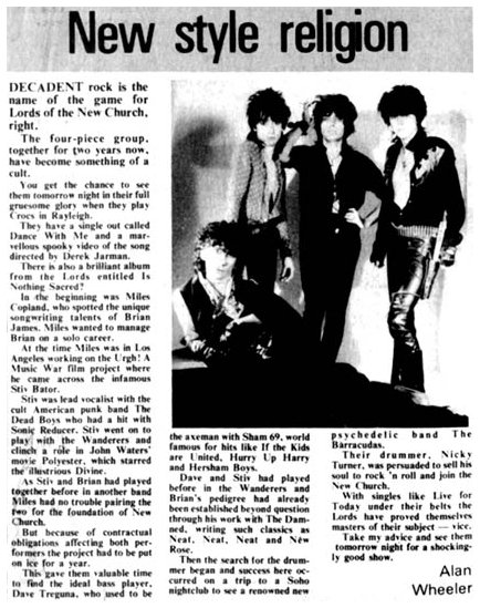 The Lords of The New Church - The Evening Echo, Southend-on-Sea, Essex, England, 28.10.83 - Text by Alan Wheeler