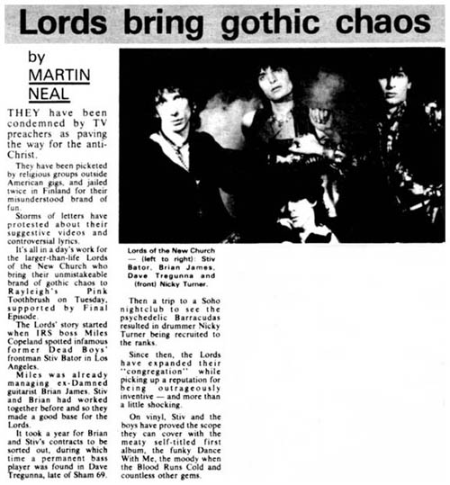 The Lords of The New Church - The Evening Echo, Southend-on-Sea, Essex - 20.09.85 - Text by Martin Neal