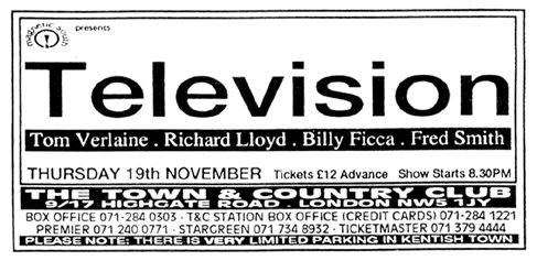 Television - Live at The Town and Country Club, London - 19.11.92 - Advert